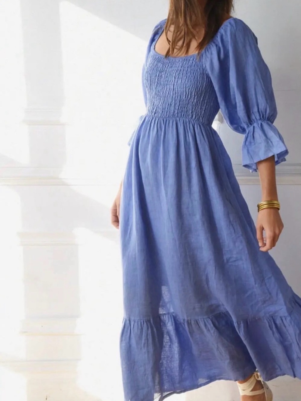 Light Blue smocked linen Maxi Dress with Puff Sleeves